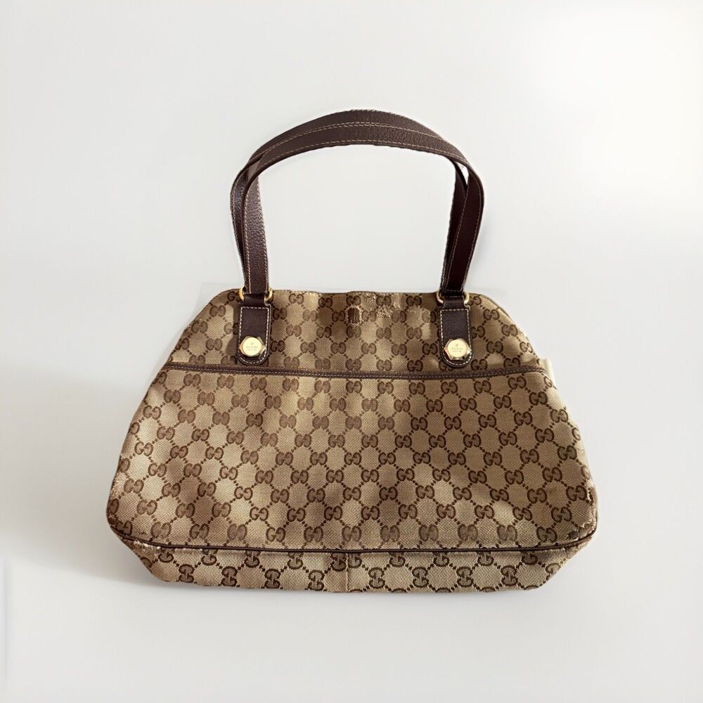 Vintage Gucci GG Canvas Brown Shoulder Tote Bag Leather Trim Read Flaws